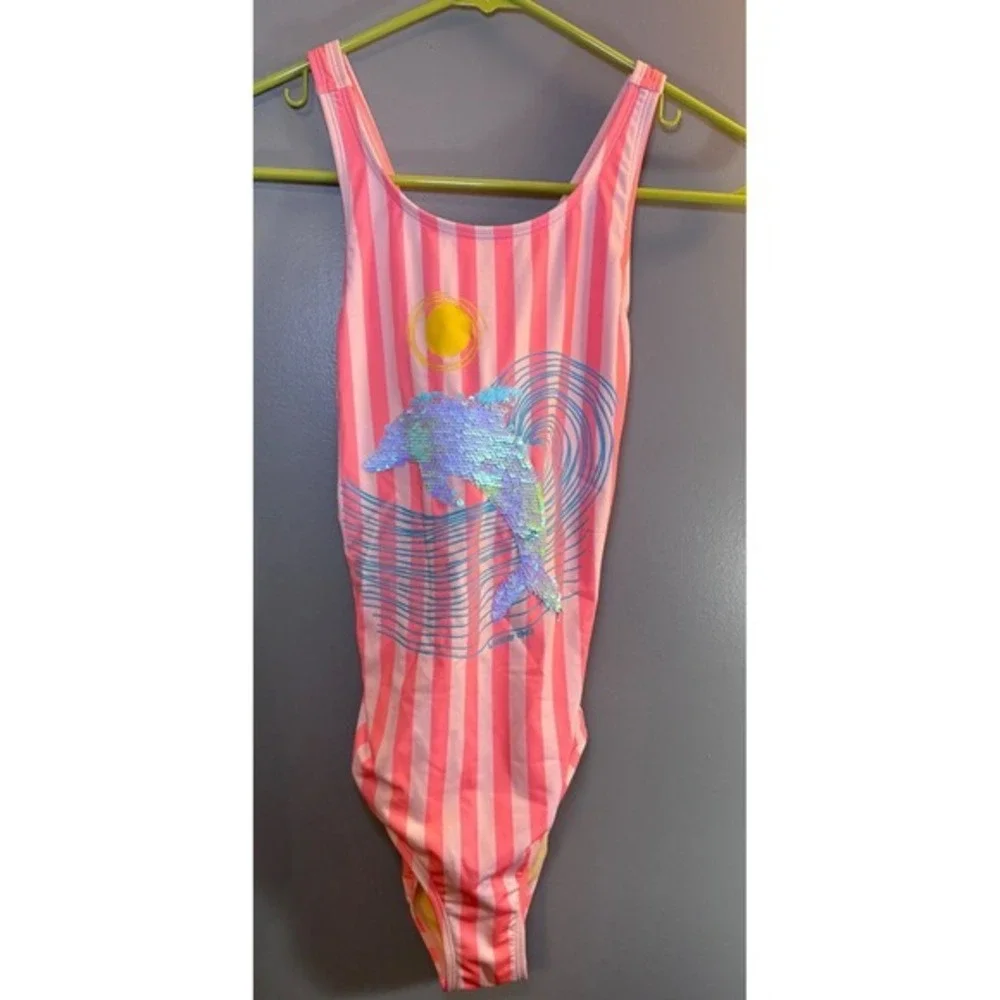 Lands' End‎ Girls Pink Striped Sequin Dolphin One Piece Swimsuit Size 14